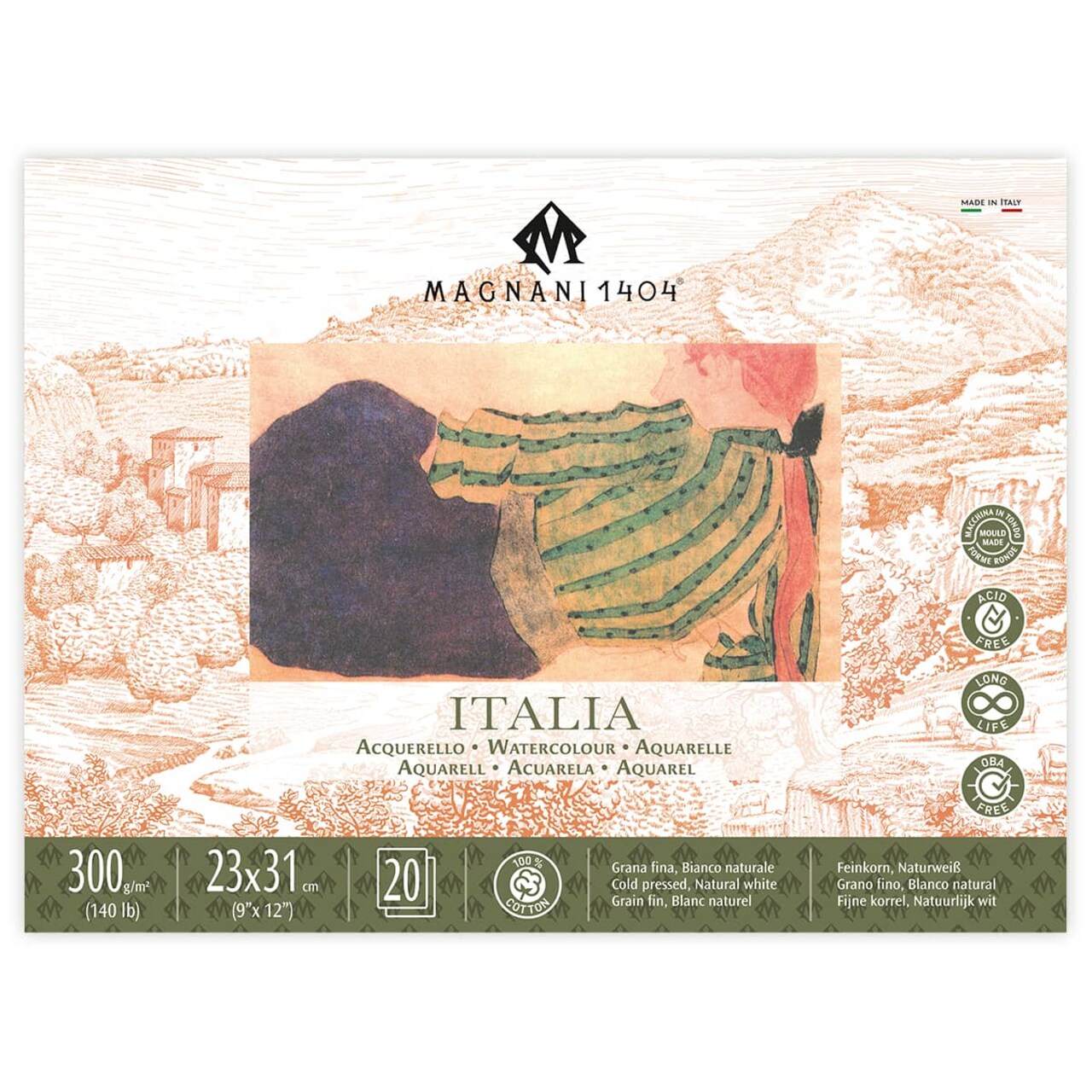 Magnani 1404 Italia Cold Press 100% Cotton Watercolor Paper Block, 20 Sheets, 140 lb, Acid-Free, UV Resistant, Vegan Sized Water Color Paper for Artists, Made in Italy